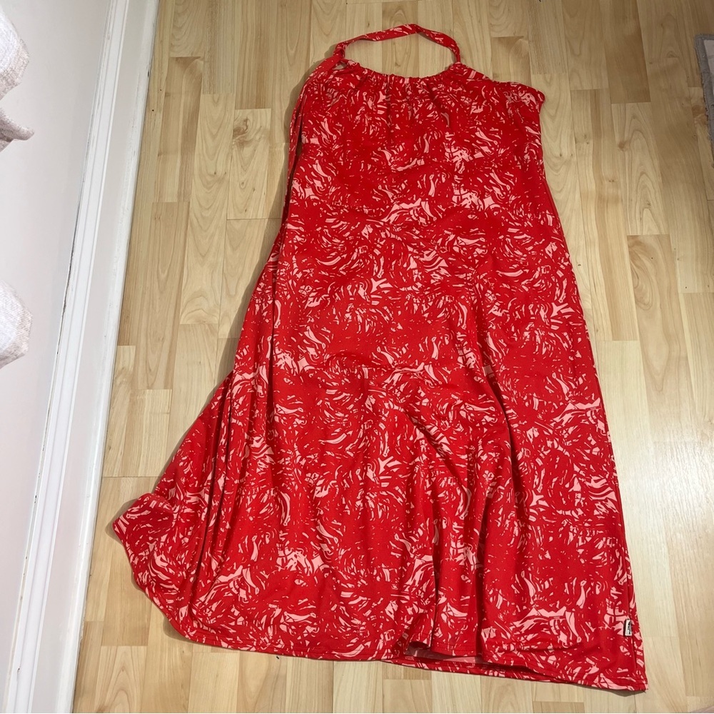 The North Face women’s red and white printed halter maxi dress Size Large‎